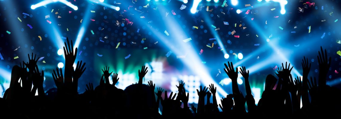 Party Background - Crowd People Enjoying in DJ Concert with Confetti Lighting and Laser